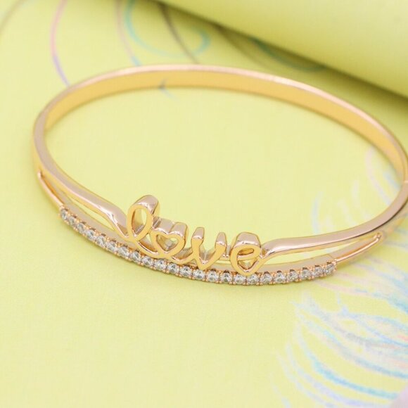 Rose Gold Love Text CZ Bangle – 2.36 Inch Elegant Romantic Style, XPBL0534 - Picture 5 of 12
